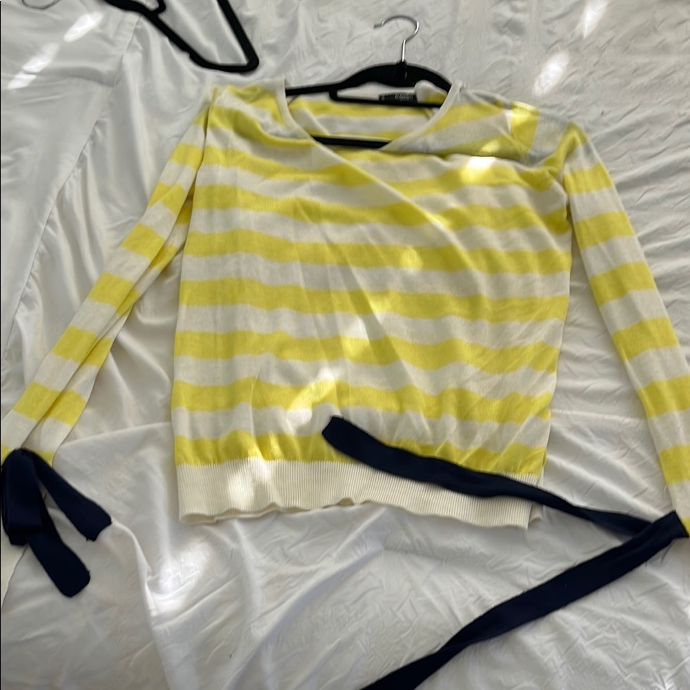 Mango Yellow and White V-Neck Sweater